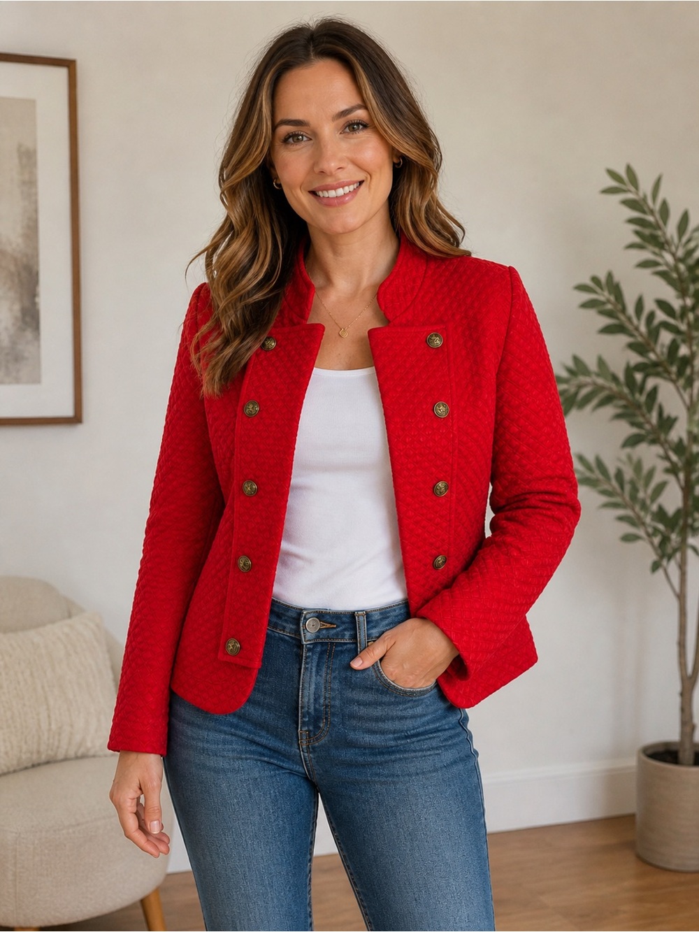 Tommy Hilfiger Red Quilted Double-Breasted Blazer